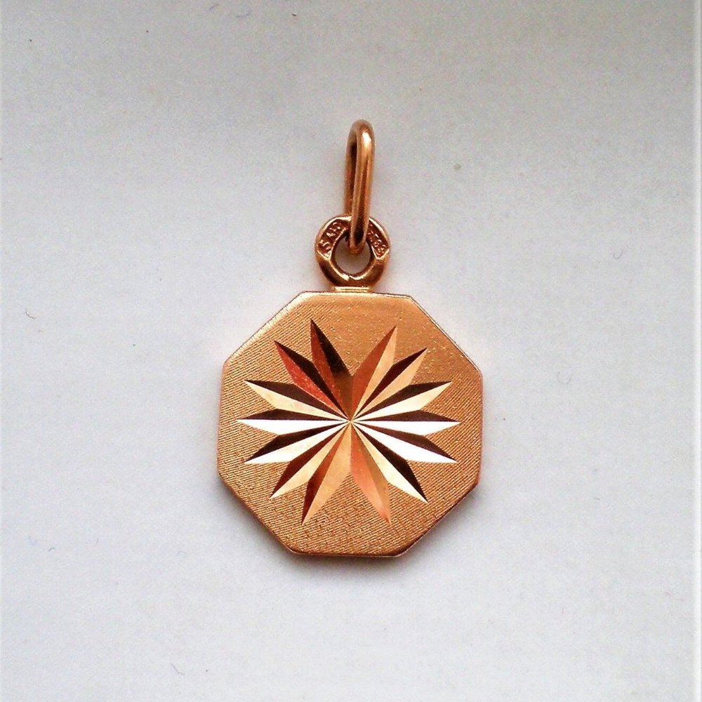 Russian Soviet USSR 14K 583 Rose Pink Gold Diamond Cut Two-Sided PENDANT CHARM